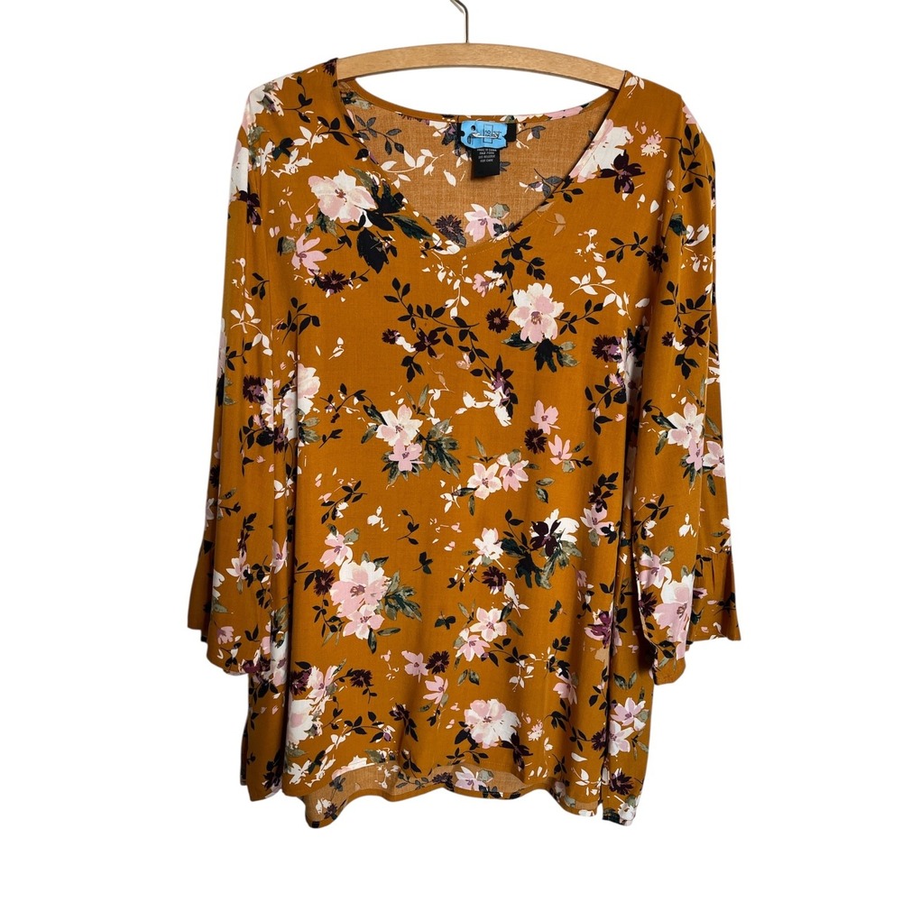 Grace The Perfect Fit Mustard Color Floral L/S, V Neck Blouse Sz Large Peasant